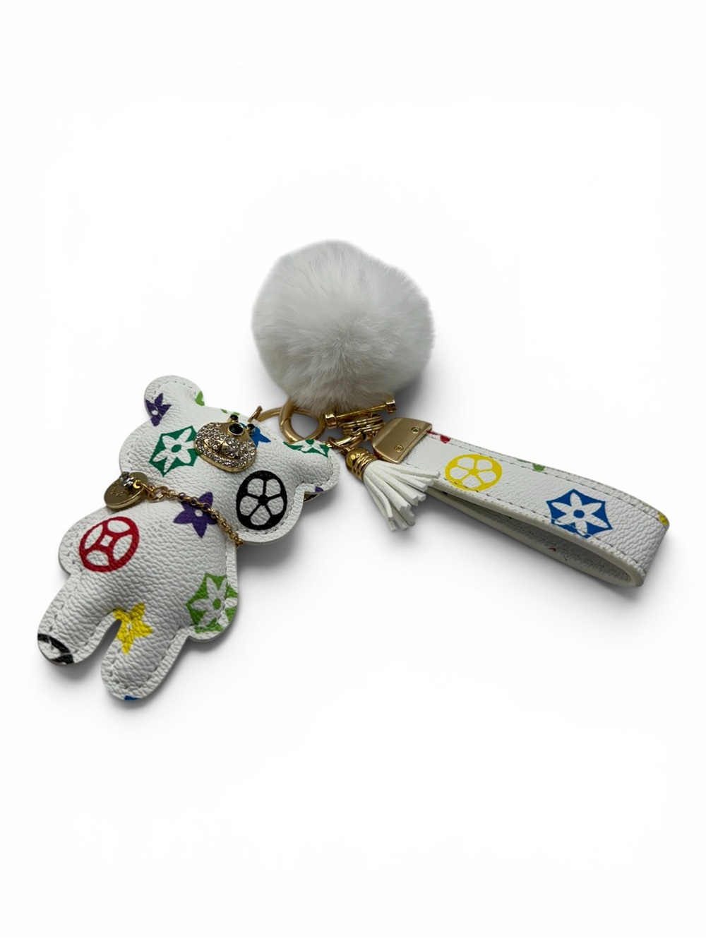 White Multicolor Bear Keychain with Pom Pom and Wrist Strap